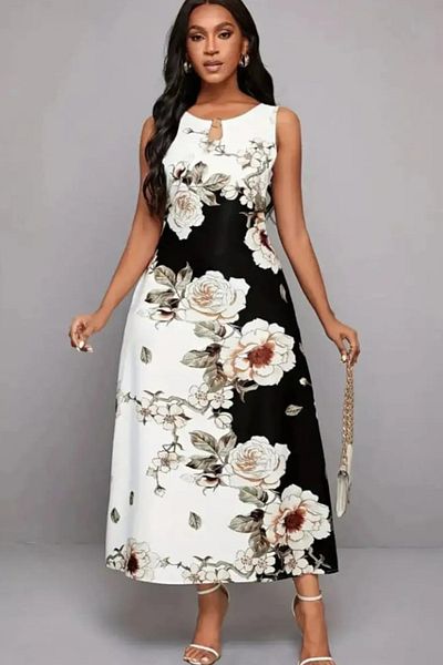 ESSFASIHON Αμάνικο Rose Print Drop Detail Diver Υφασμάτινο Μακρύ Φόρεμα