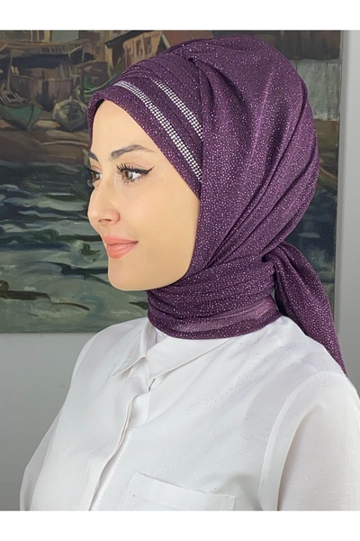 BUTİKAMBAR Gümüş Taşlı Drape Detaylı Simli Şal