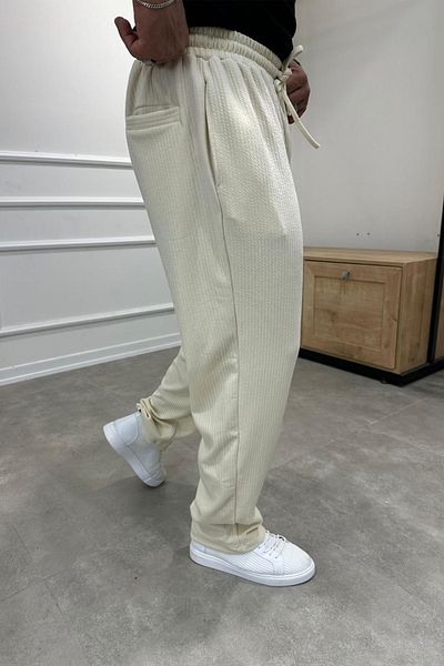 MADZEYMODA Φαρδιά Εφαρμογή Loose Fit Ανδρικό Jogger με ραβδώσεις σε μπεζ