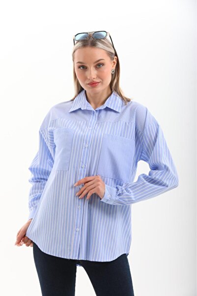 Lusin Cămașă oversize cu mânecă lungă cu dungi albastre de calitate premium pentru femei