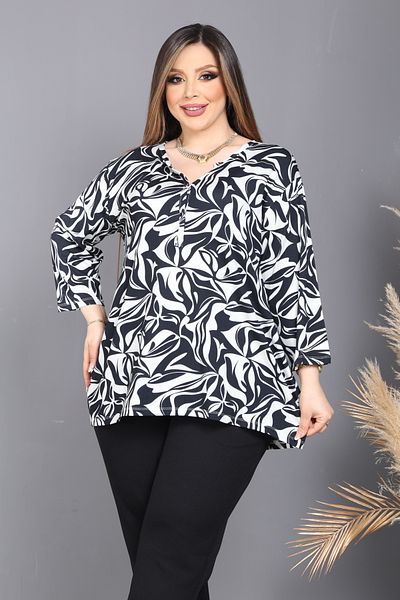 HÜLYA BUTİK WOMEN'S BLACK AND WHITE PATTERNED DOMINANT COLLAR BLUZ