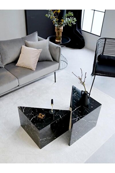 Eriza Home 1004 Üçgen 2'li Mermer Desenli Orta ve Yan Servis Sehpası, Siyah