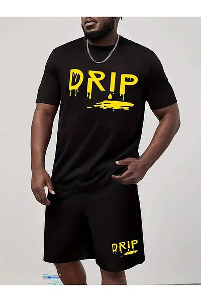 DAXİS Sportwear Company Men's Printed Men's Bottom Top Black Set - Shorts T-shirt Set