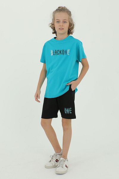 Black One Tricou cu detaliu cu imprimeu pentru băieți, pantaloni scurți, dublu de vară
