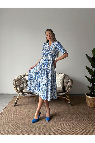 SEDA FİDAN Rochie creponată cu două piept cu imprimeu floral albastru