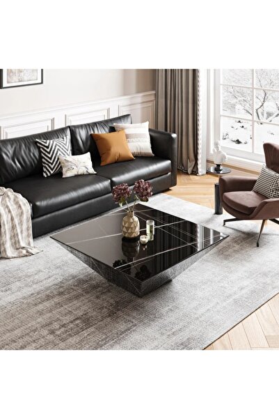 Eriza Home 1007 Modern Kare Prizma Mermer Desenli Orta Sehpa, Siyah