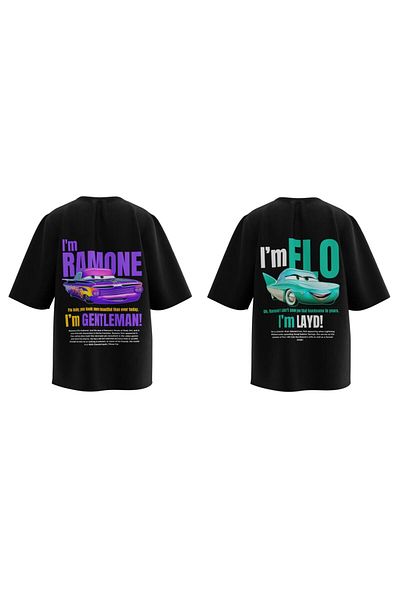 weywot I'm Ramone and I'm Flo Couple Car Detail Μπροστινό μονόχρωμο μαύρο μπλουζάκι 2 τεμαχίων Oversize Unisex