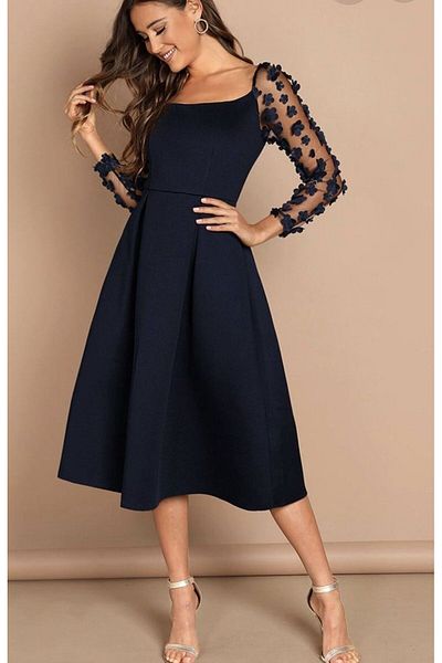 Styling Park Navy Blue Midi Dress with Flower Tulle Detail and Backless Detail