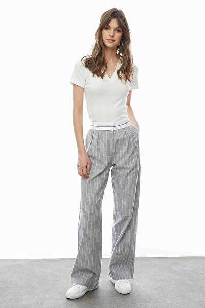 PAULMARK Ριγέ παντελόνι με λεπτομέρεια στη μέση