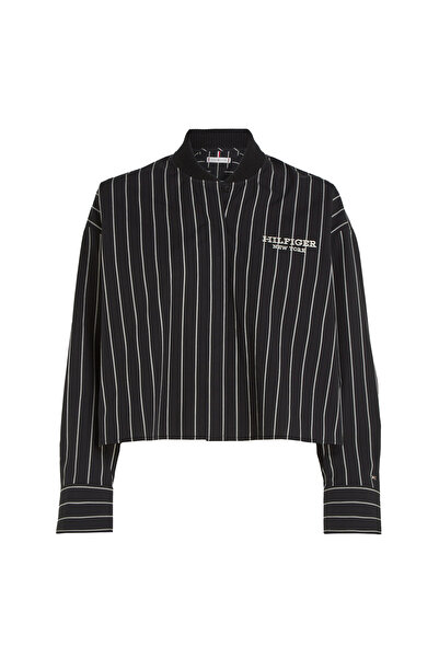 Tommy Hilfiger Normal Bomber Yaka Çizgili Siyah Kadın Gömlek BASEBALL STRIPE ...