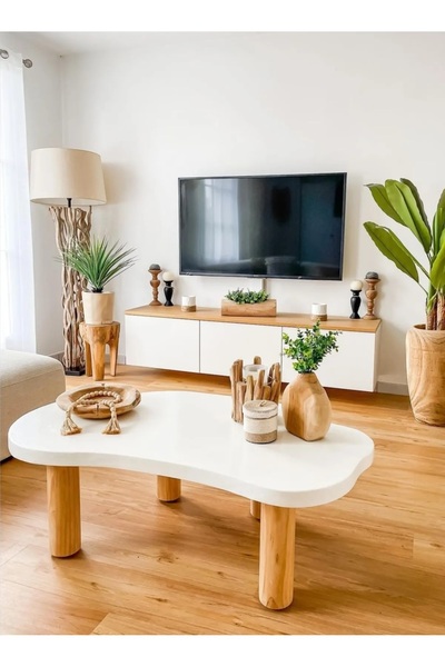 Eriza Home 1016 Geometrik Bulut Şeklinde Yeni Nesil Orta Sehpa, Beyaz ve Ahşap Ayak