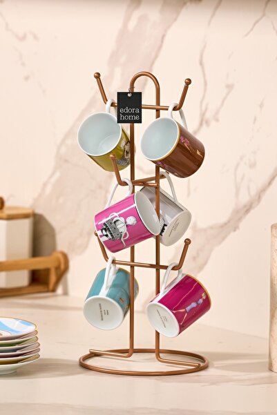 Edora Home Rose 6 Bölmeli Bardak Askılık, Kupa, Fincan Kancalı Mutfak Tezgah Üstü Düzenleyici - Metal Paslanmaz