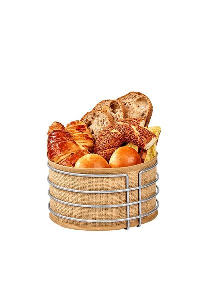 Edora Home Silver Round Bread Basket Jute Fabric Cloth, Colorful Presentation Basket Bread Holder - Multi-Purpose Metal Stainless