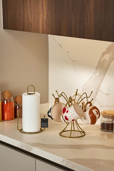 Edora Home Gold 2-Piece Kitchen Organizer Set, Paper Towel Holder and Vertical Cup Holder with 6 Hooks - Metal Stainless
