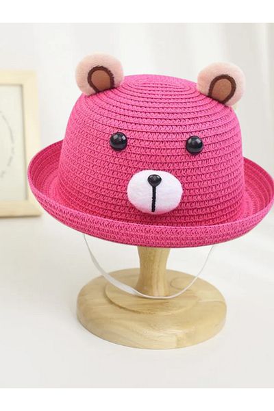 pouniq Pink Children's Straw Hat with Teddy Bear Figure for 1-6 Years