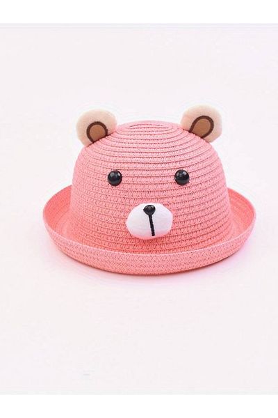 pouniq Light Pink Children's Straw Hat with Teddy Bear Figure for 1-6 Years