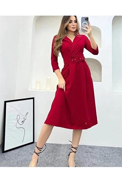 ROYAFASHİON KEMERLİ BEL TAM OTURAN, KRAVUZE YAKA  ŞIK ELBİSE