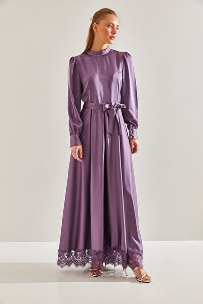 Bianco Lucci Modest Kadın Etek Ucu Dantelli Yakası ve Kolu Taşlı Saten Tesettür Elbise 60191005