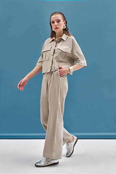 FABB Σετ παντελόνι πουκάμισο με λεπτομέρεια από λινό μπεζ