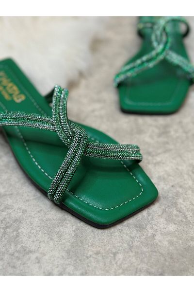 Allyup Daily Green Women's Slippers Cross Stoned Blunt Toe Low Heel Comfortable Sole Lightweight Summer 22