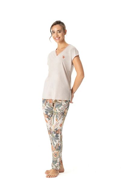 U.S. Polo Assn. BAZA. Polo Assn. 17059 Set de pijamale cu mânecă scurtă, bej, cu decolteu în V