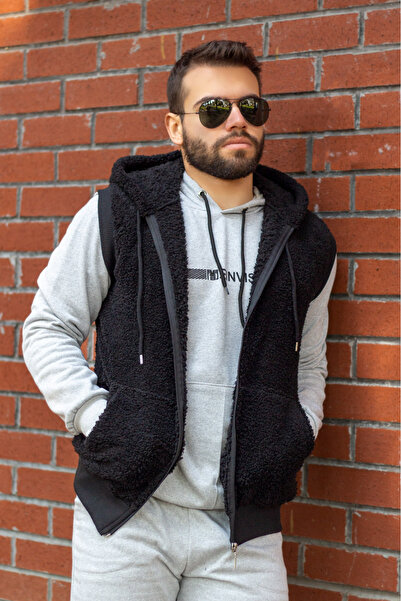 Azıcık Akıllı Чоловічий чорний плюшевий м'який жилет на блискавці з капюшоном 22eylkpelo