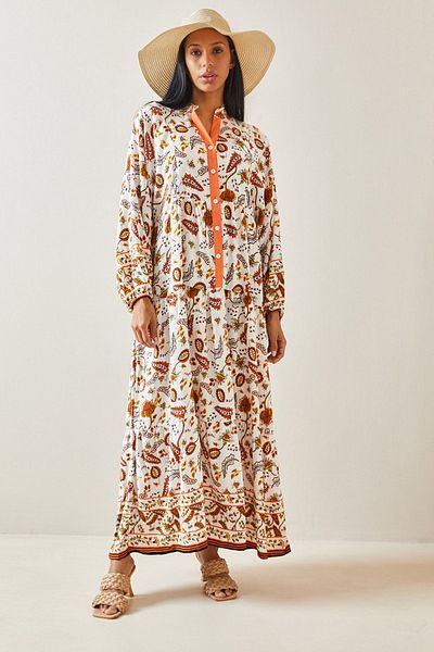 XHAN Oranges Maxikleid mit Ballonärmeln und Knöpfen und Blumendruck 5YXK6-48258-11