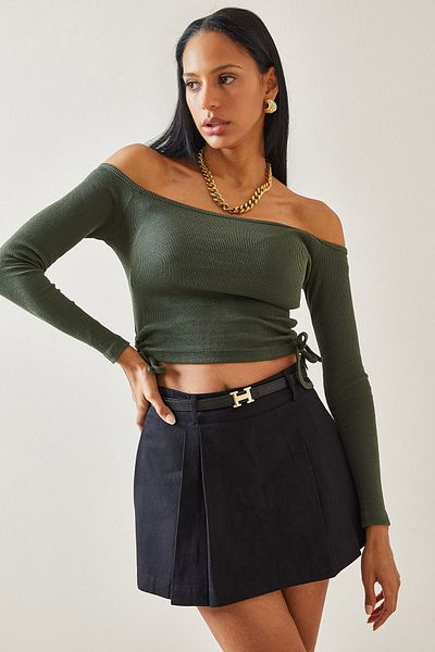 XHAN Khaki Side Gather Detailed Boat Neck Camisole Blouse 5YXK2-48292-09