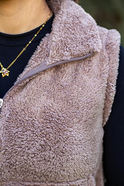 Azıcık Akıllı Women's Mink Milk Brown Stand Collar Thick Plush Zippered Vest 24KYLKK215