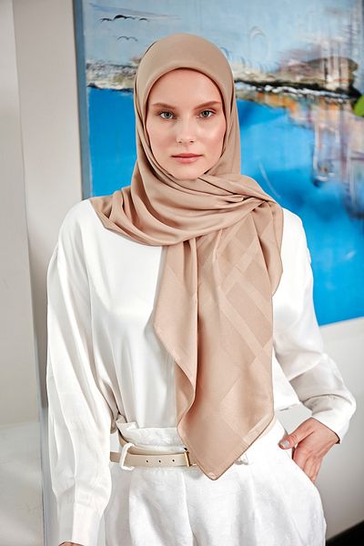 Scarf Geometric Jacquard Chiffon Scarf - Milk Brown -