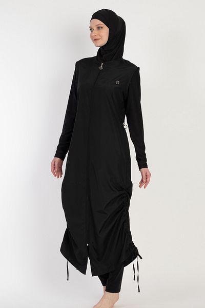 İYİBU Black Zipped Long Hijab Swimsuit Full Coverage Modeset Comfortable Water Repellent Fabric Hijab Swimsuit