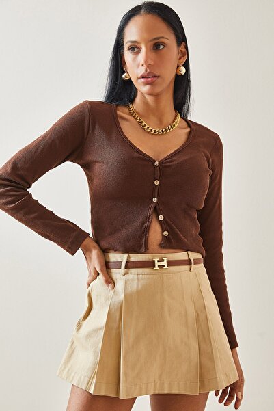 XHAN Kahverengi Düğme Detaylı Kaşkorse Bluz 5YXK2-48302-18