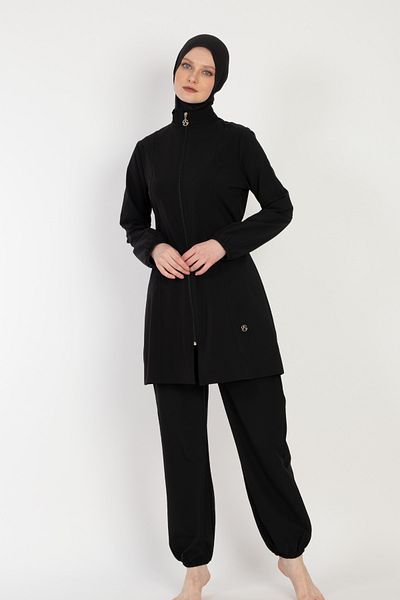 İYİBU Black Zipped Hijab Swimsuit Full Covered Modeset Comfortable Water Repellent Fabric Hijab Swimsuit
