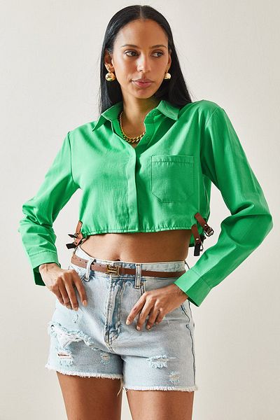 XHAN Green Buckle Detailed Single Pocket Crop Shirt 5YXK2-48254-08