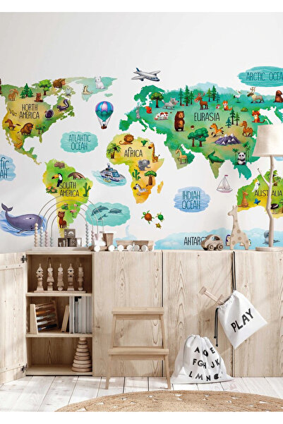 WALLHUMAN Renkli Dünya Haritası Çocuk Odası Duvar Stickerı