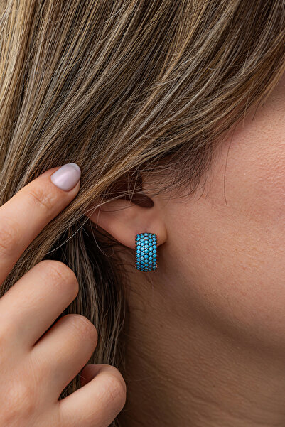 Nereze 925 Ayar Gümüş Rose 5 Sıra Turkuaz Taşlı Yarım Tur Küpe