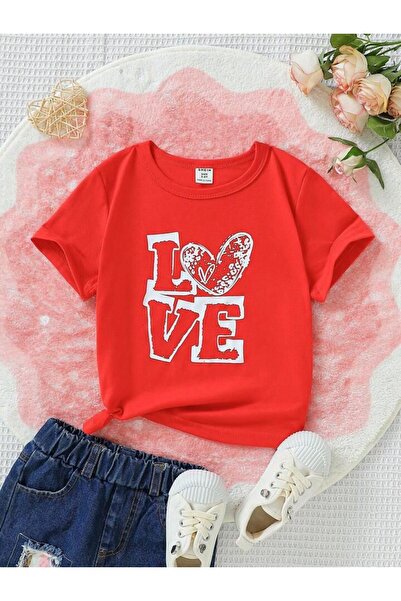 MORNİNG KİDS Κοριτσίστικο κόκκινο LOVE εμπριμέ παιδικό χτενισμένο βαμβακερό μ...