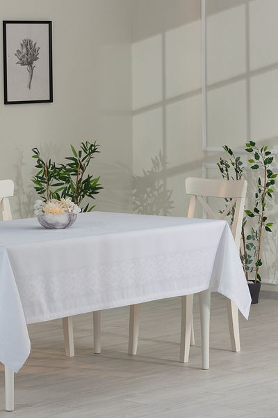 Tropikhome 150x220 Cm White Jumbo Jacquard Panel Patterned - Luxury Tablecloth for 8 Persons, Non-Slip Jacquard