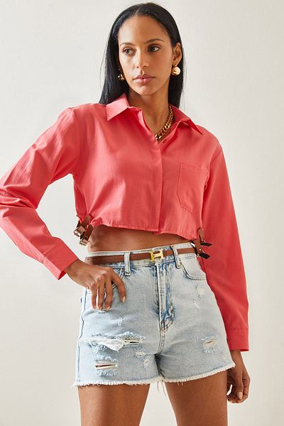 XHAN Pink Buckle Detailed Single Pocket Crop Shirt 5YXK2-48254-20