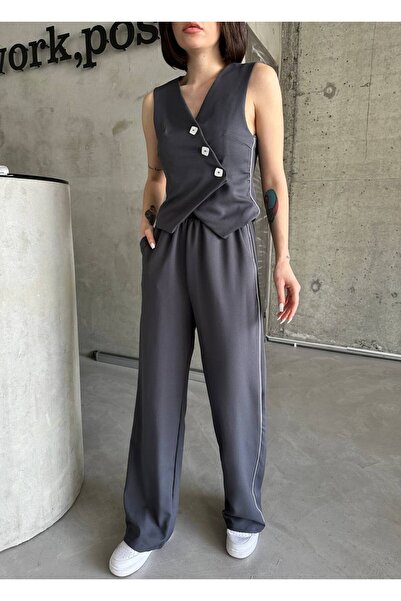 HARMONY GLOBAL طقم بنطلون نسائي بخصر مطاطي بتصميم أنثراسايت غير متماثل 4195