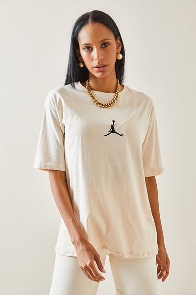 XHAN Cream Front Printed Oversize Basic T-Shirt 5YXK1-48305-22