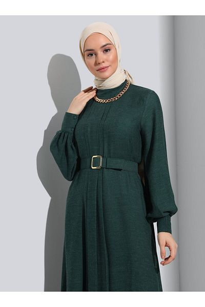 Refka Belt Detailed Hijab Dress - Emerald Green - Refka