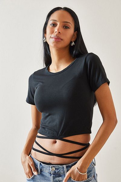 XHAN Black Lace-up T-Shirt 5YXK1-48289-02