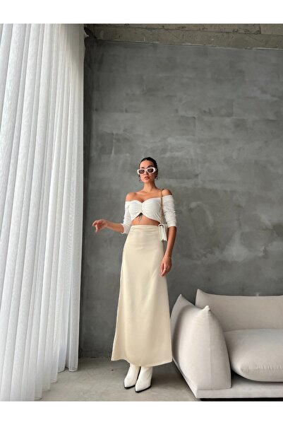 Monje Maxi Saten Taş Rengi Etek