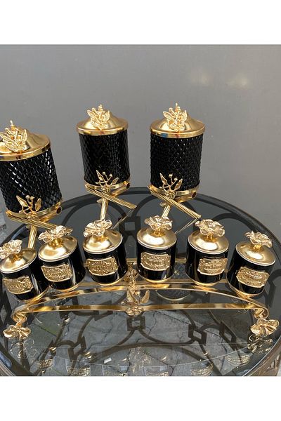 vanilya accessory Black Kitchen Set-Triple Glass Jar and 6 Porcelain Spice Dispensers