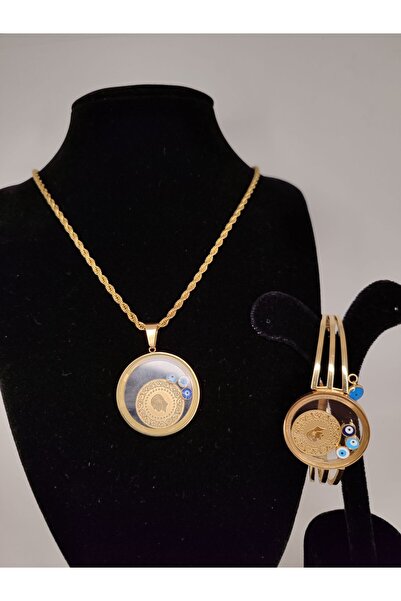 Romea Açılan, Çeyrek Koyulabilen Burgu Zincir Çelik Kararmaz Kolye & Fanuslu Kelepçe Takı Seti Altın Rengi