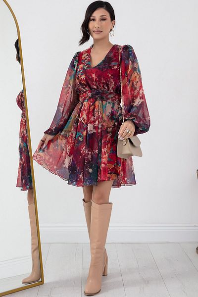 PULLIMM Long Sleeve V-Neck Chiffon Dress - GRS3363