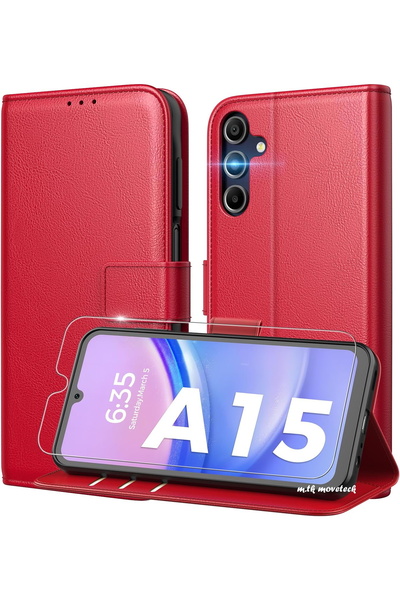 m.tk moveteck Samsung Galaxy A15 Kılıf 360 Tam Kaplar Deri Dokulu Kapaklı Cüz...