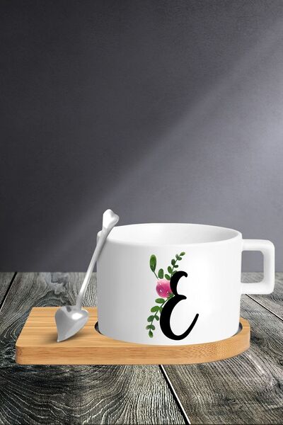 yhfoto طقم كاسات بحرف E - كوب - ملعقة وصحن - Tkm52