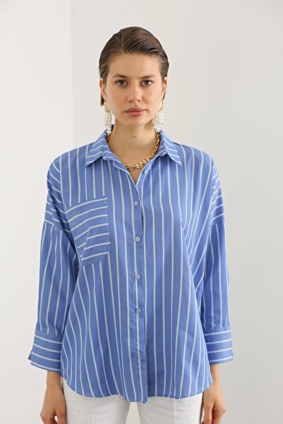 HARMONY GLOBAL Cămașă oversize cu dungi din țesătură moale, albastră, cu un singur buzunar 2557